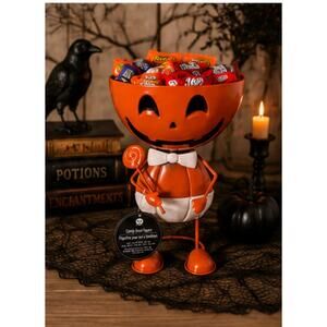 Halloween Metal Pumpkin Candy Bowl Jack O Lantern Spooky Centerpiece Dish NEW